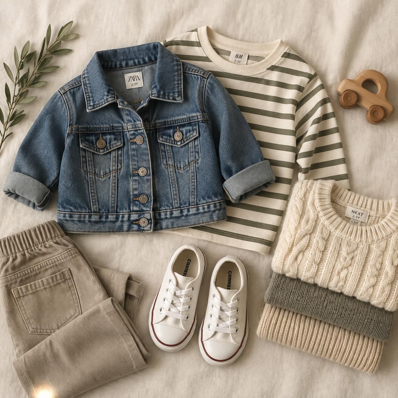 Flat lay of second-hand kids clothing, shoes and knitwear